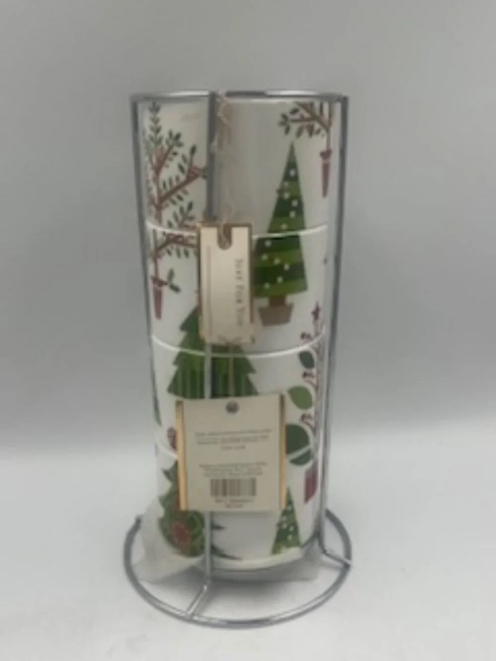 Vintage Pier 1 Christmas Tree Stacking Mugs with metal rack 1990’s era NWT